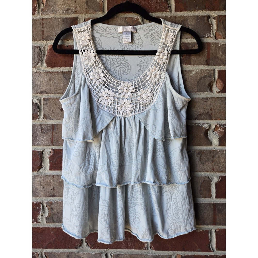Kenar Womens L Blue Burnout Boho Crochet Floral Tiered Sleeveless Tunic Top